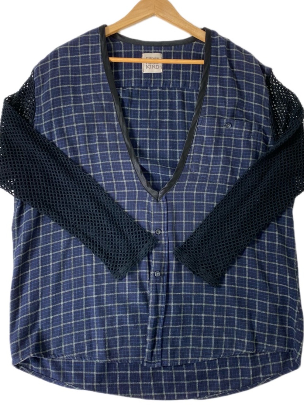 First of a Kind Plaid Top Mesh Sleeve V-Neck Blue Oversized Shirt